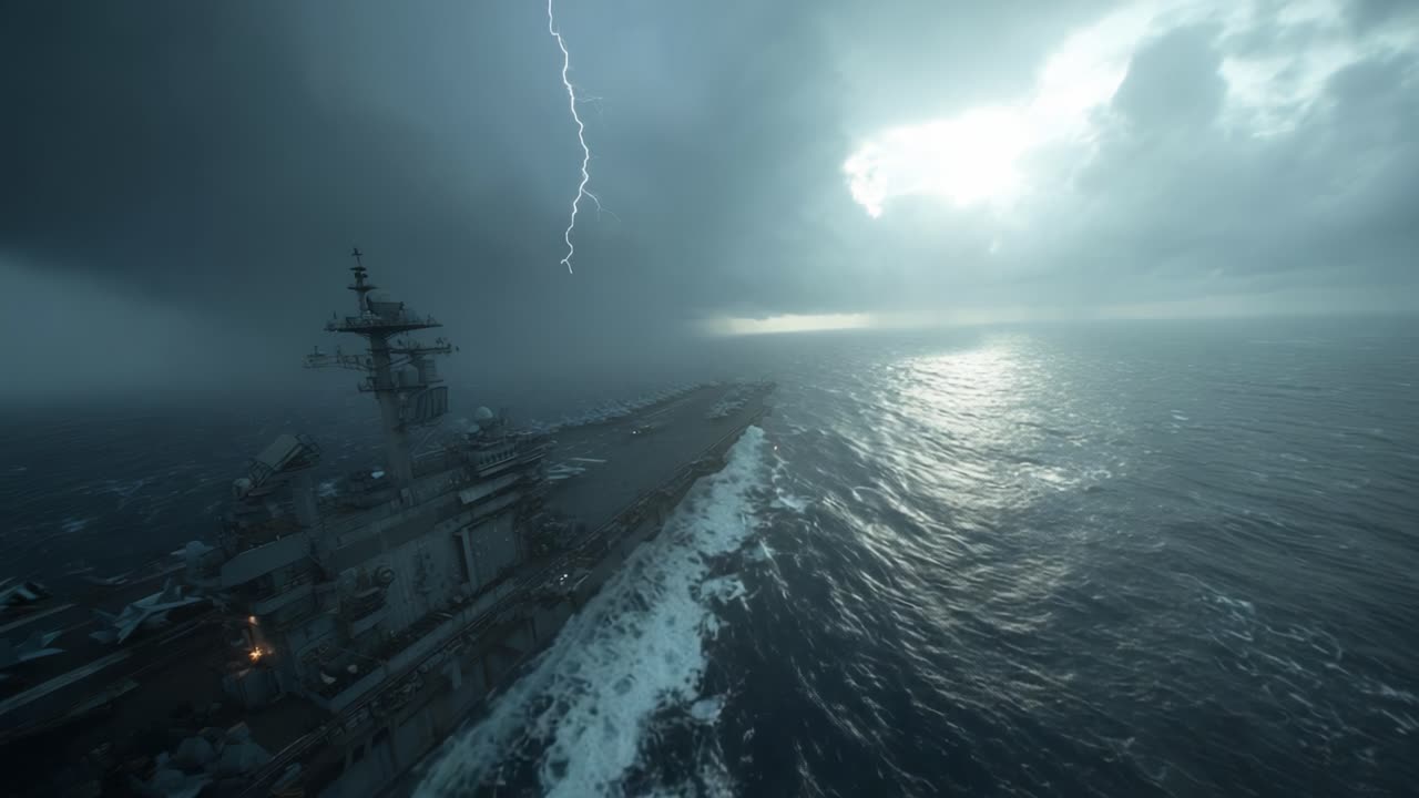 A Dramatic Naval Scene Captured with a Lightning Strike Over the Ocean, Showcasing an Aircraft Carrier Amidst Stormy Skies and Turbulent Waters