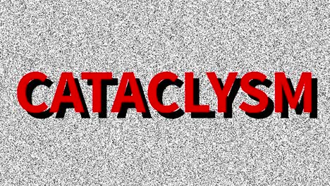 cataclysm. word about problem on noisy old screen. looping vhs interference. vintage animated background. 4k video