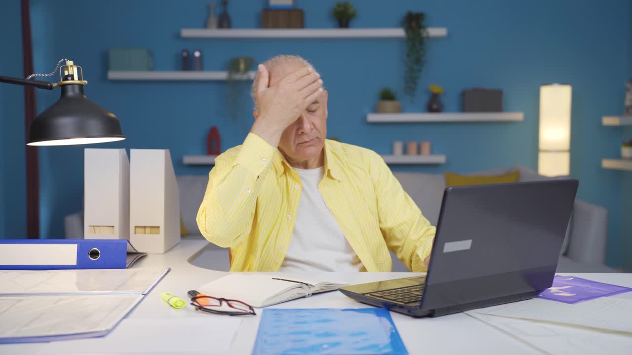 홈 오피스 근로자 노인은 노트북에서 자신의 실패를 봅니다.