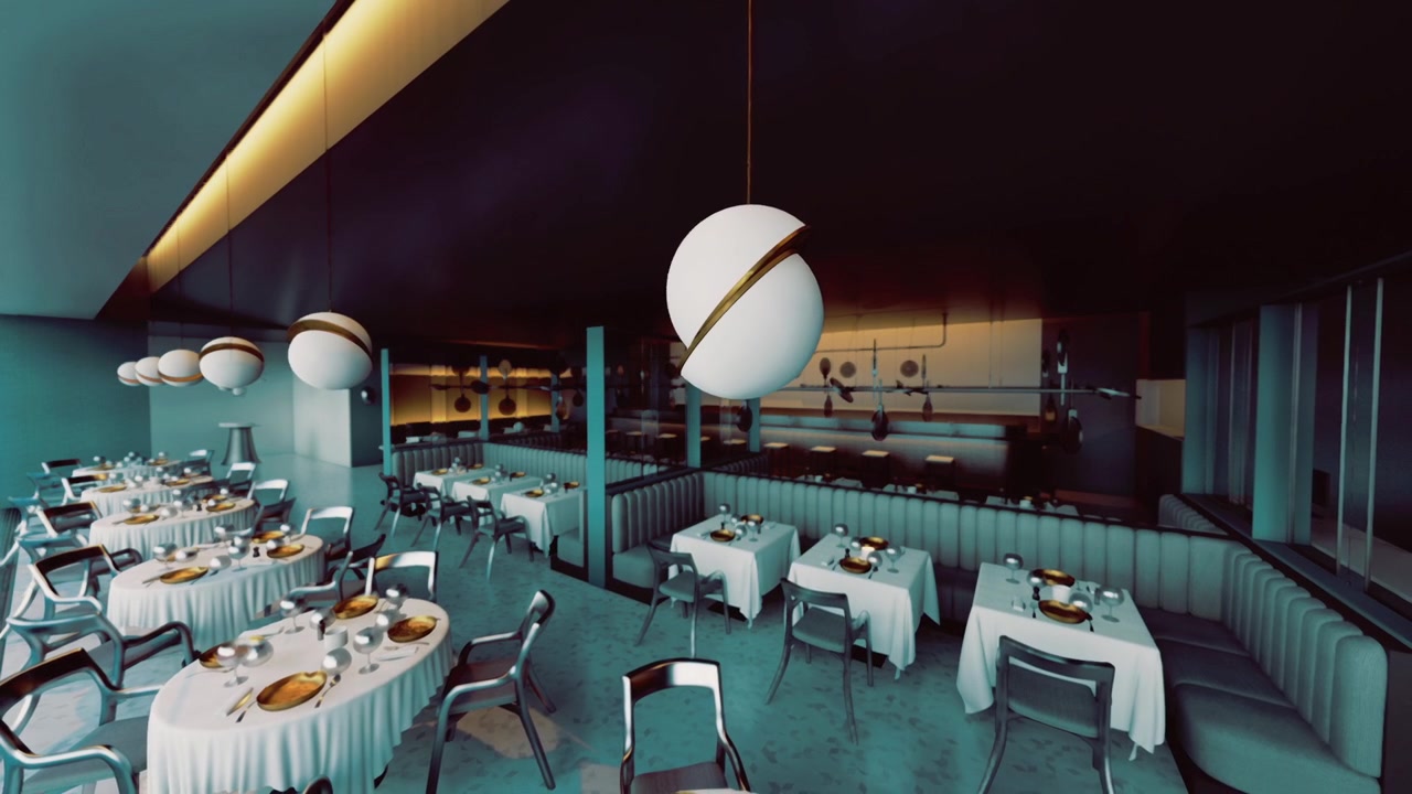 Stemningsfuld petroleumsblå restaurant med vintage indretning og filmisk belysning.