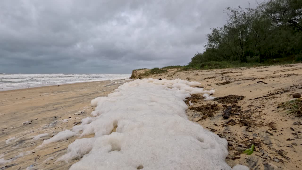 playa espumosa durante el ciclón alfred en la costa de oro