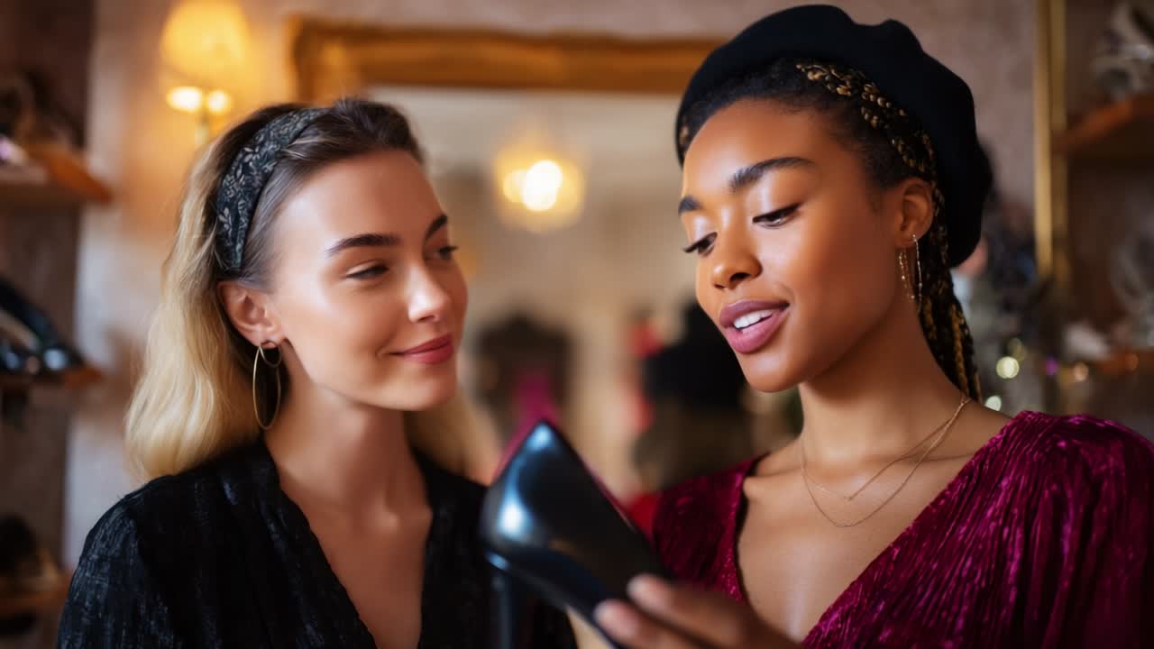 Two Friends Exploring Fashion Choices Together: A Moment of Connection and Style in a Boutique Setting, Highlighting the Excitement of Shopping and Finding the Perfect Pair of Shoes