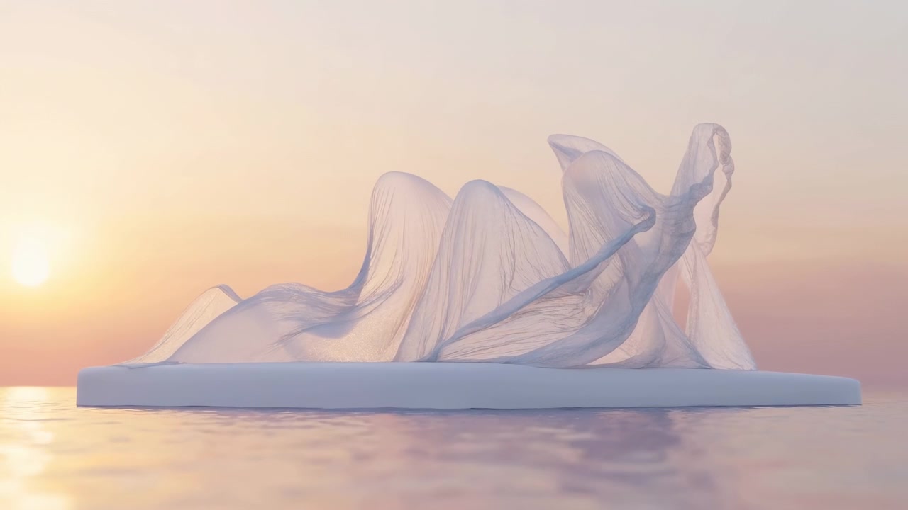 Low rectangular platform floats on calm reflective water at sunrise or sunset supporting multiple rounded masses fully draped in translucent sheer fabric