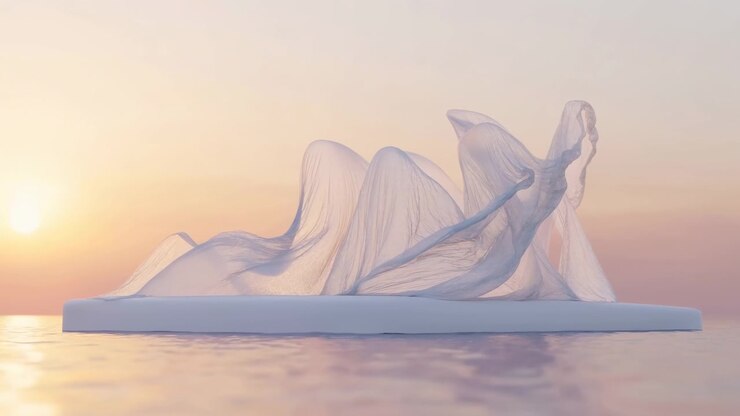 Low rectangular platform floats on calm reflective water at sunrise or sunset supporting multiple rounded masses fully draped in translucent sheer fabric
