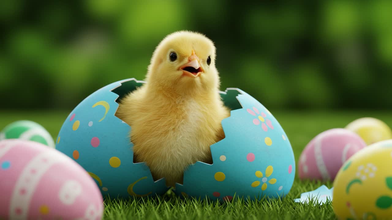 A Cute Yellow Chick Emerging from a Colorful Egg Surrounded by Decorative Easter Eggs in a Lush Green Setting