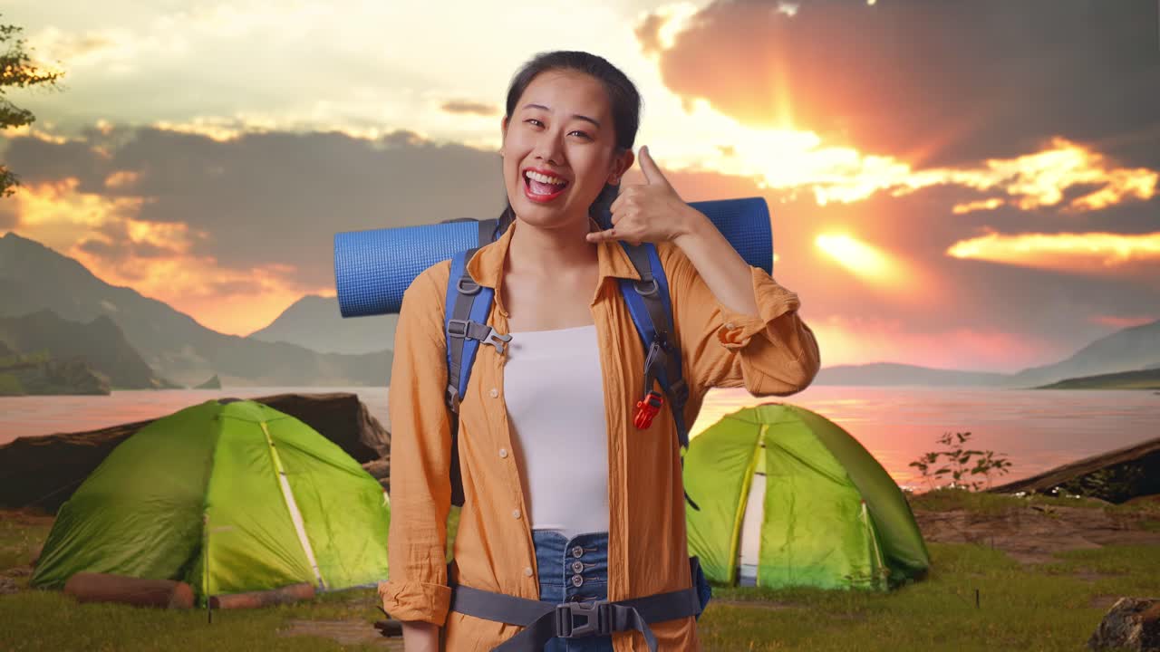 Happy Woman Camping at Sunset