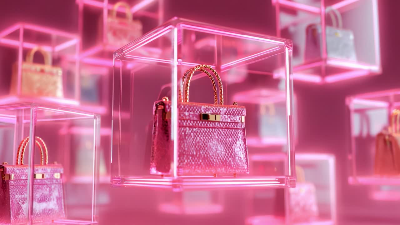 Handbags in illuminated display cases