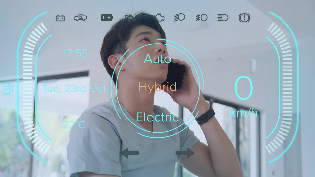 Teen male holding phone at home, activating HUD and monitoring car speed rising then falling km or h