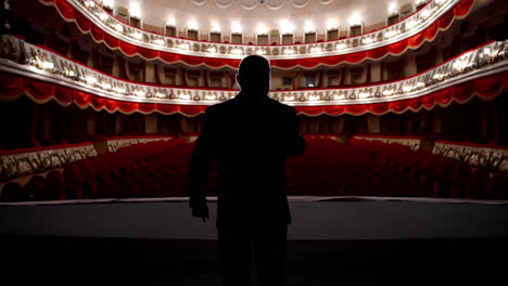 panoramic view of a theater inside. rear view of a presenter in the empty theater. host on stage during the rehearsal.