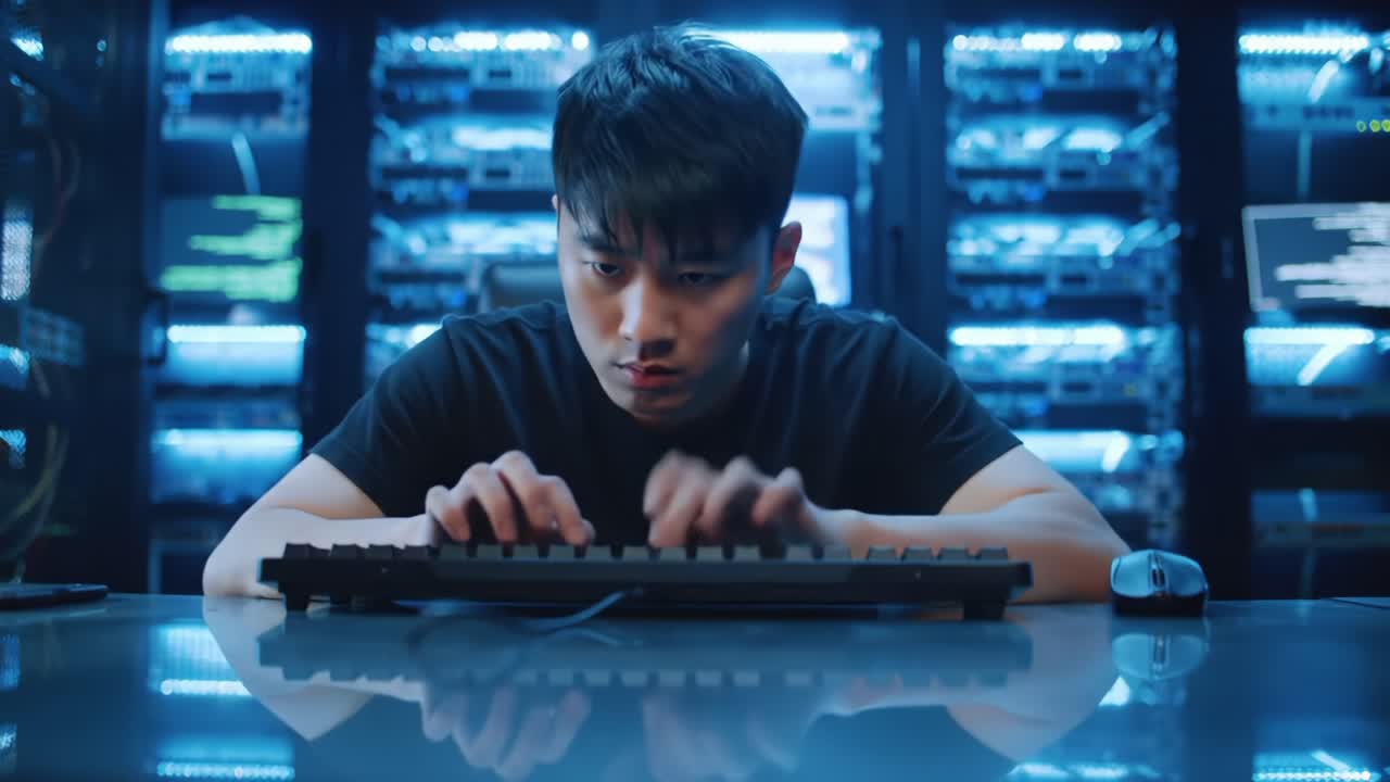 Focused Individual Engaged in Programming Task Within a High-Tech Server Room, Surrounded by Rows of Servers Illuminated by Blue Lights