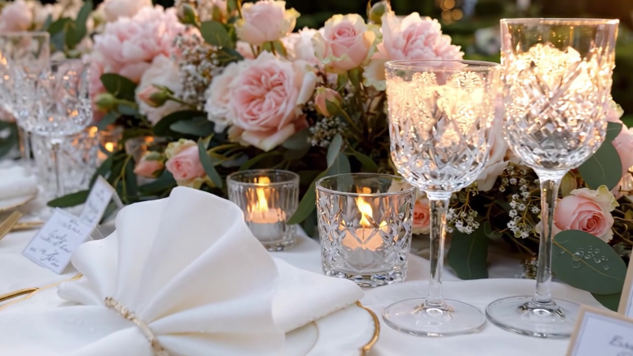 Uma Mesa Elegante Lindamente Arranjada para um Evento Romântico ao Ar Livre com Rosas Cor-de-Rosa Suaves, Copos de Cristal e Velas Tremeluzentes em um Jardim Encantado