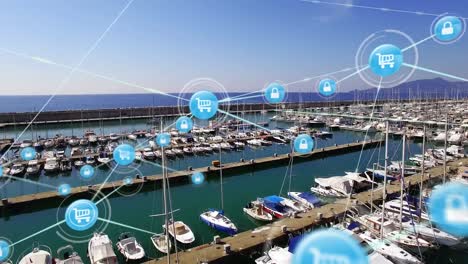 network of digital icons against aerial view of harbor in background