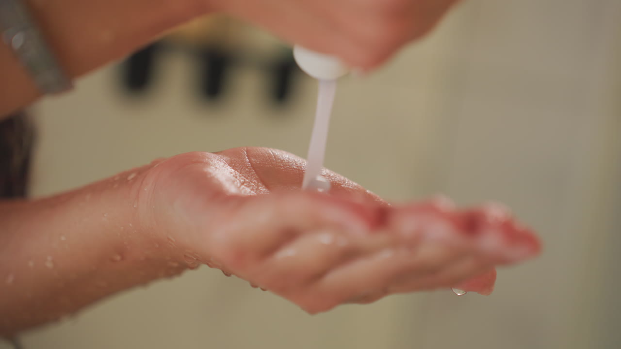 Primer plano de la palma de la mano de un huésped de hotel recibiendo loción de un dispensador en la ducha, gotas de agua relucientes en la piel, pulsera visible, enfoque en la textura del producto y artículos de tocador de viaje durante una tranquila rutina de cuidado personal.
