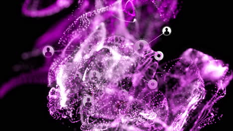 Silhouettes over swirling purple and white patterns showing abstract network animation