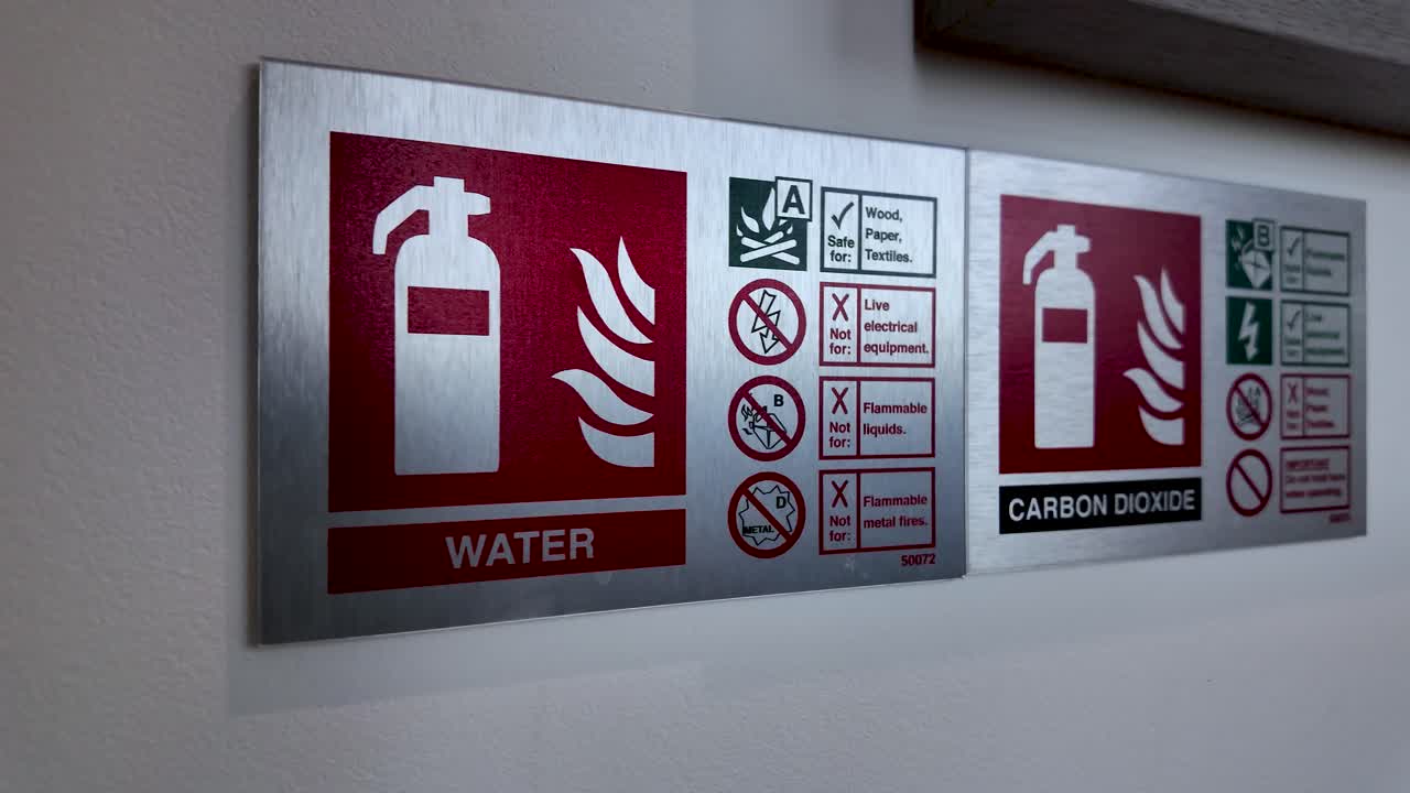 Fire Extinguisher And Carbon Dioxide Information Signs Mounted On Wall For Safety And Emergency Preparedness In Commercial Building
