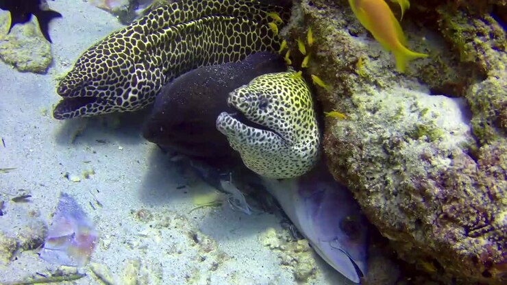 3 muræner – kæmpemuræne, der gemmer sig i klipper med et efterladt fiskehoved i Det Indiske Ocean, Maldiverne, Asien