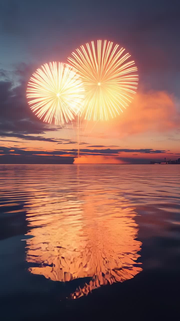 Vertical video: Firework bursts rising, bursting over water at dusk, fountain launch igniting sky
