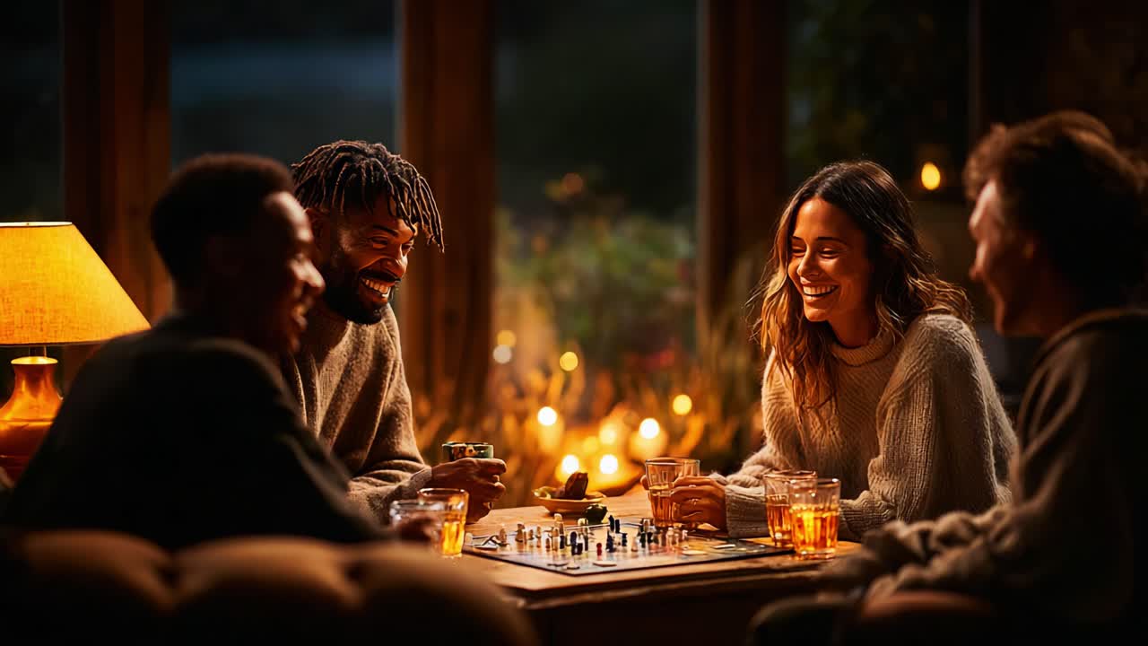 A Cozy Evening with Friends: Engaging in Lively Chess Matches Surrounded by Warm Lights and Laughter, Creating Unforgettable Memories over Drinks