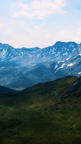 sunny landscape with views of snowcapped mountains and meadow