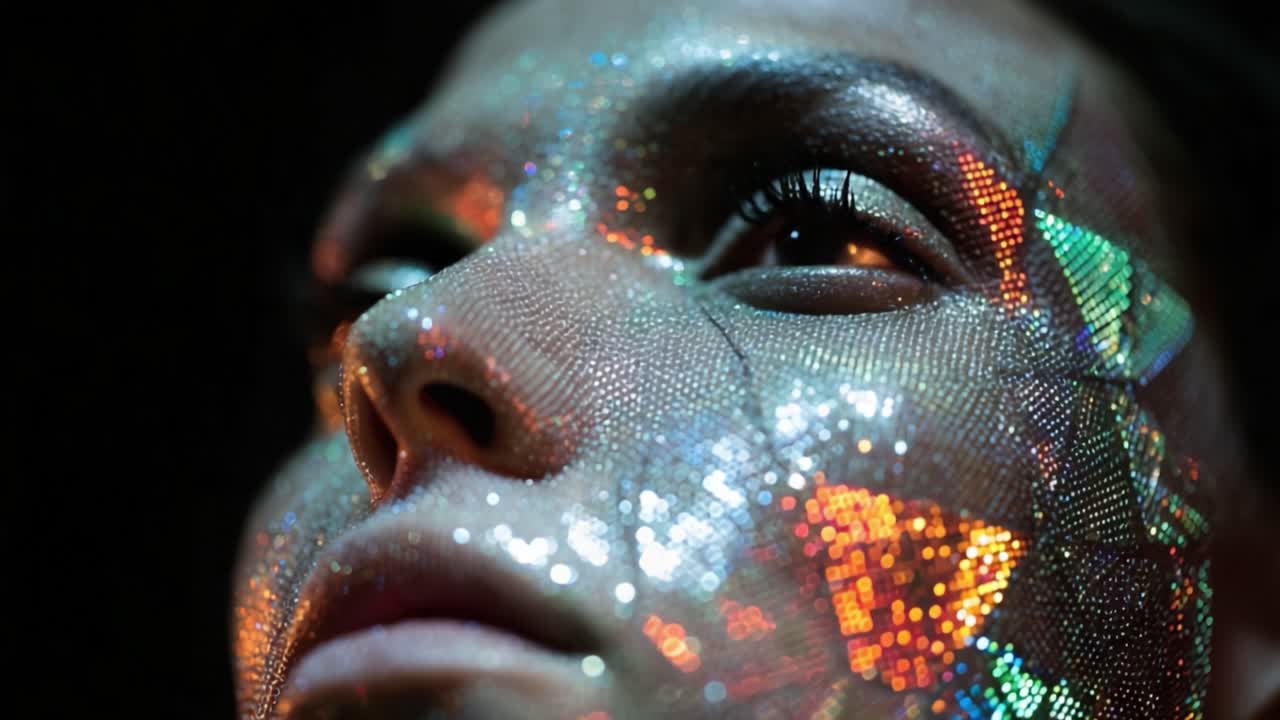 A Captivating Close-Up of a Person Bathed in Ethereal Light Reflections, Showcasing an Artistic Display of Colorful Sparkles on a Unique Face