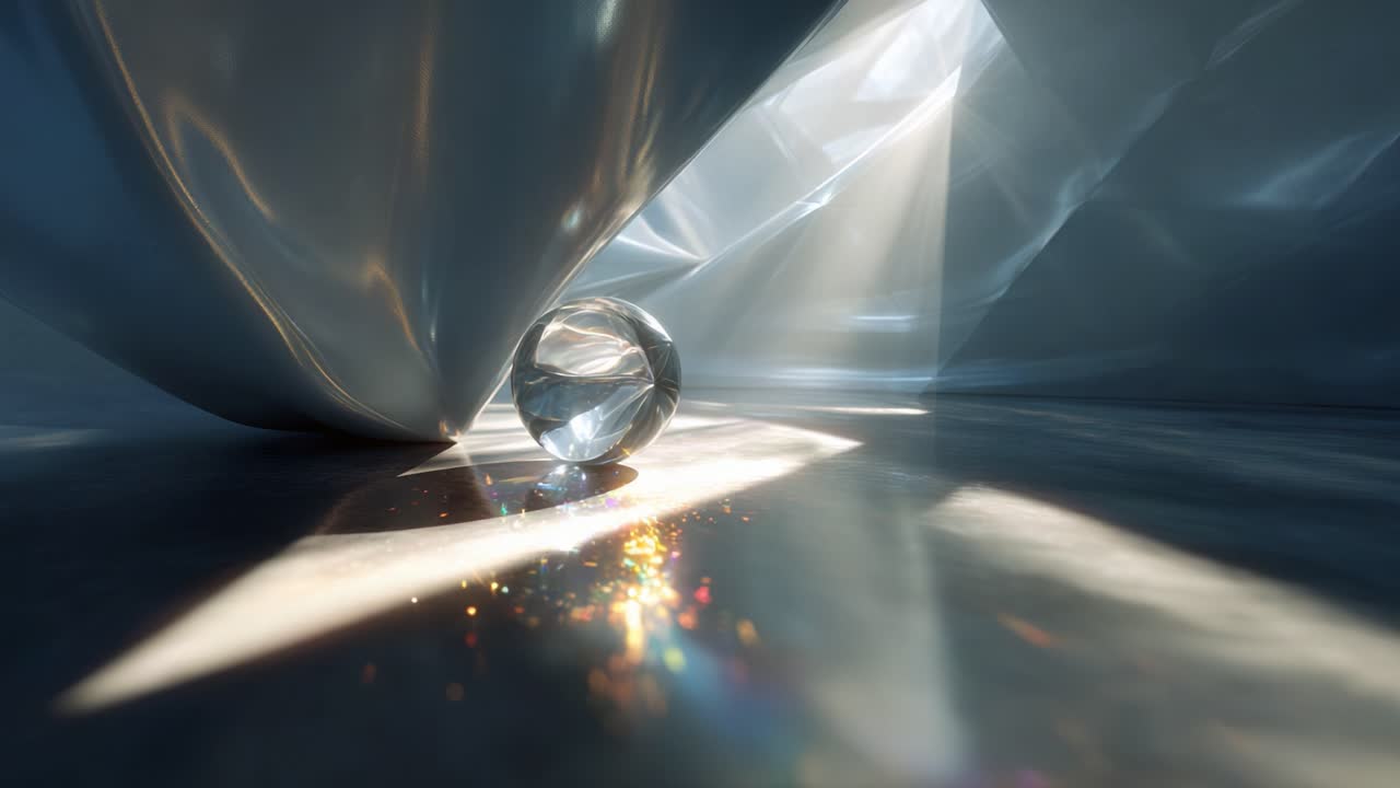 A captivating exploration of light and reflection in a serene environment featuring a crystal-clear sphere nestled among smooth, flowing surfaces that catch and refract beams of light in an enchanting display
