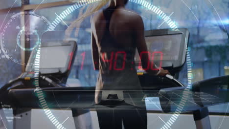 running on treadmill, woman exercising with digital fitness tracking animation