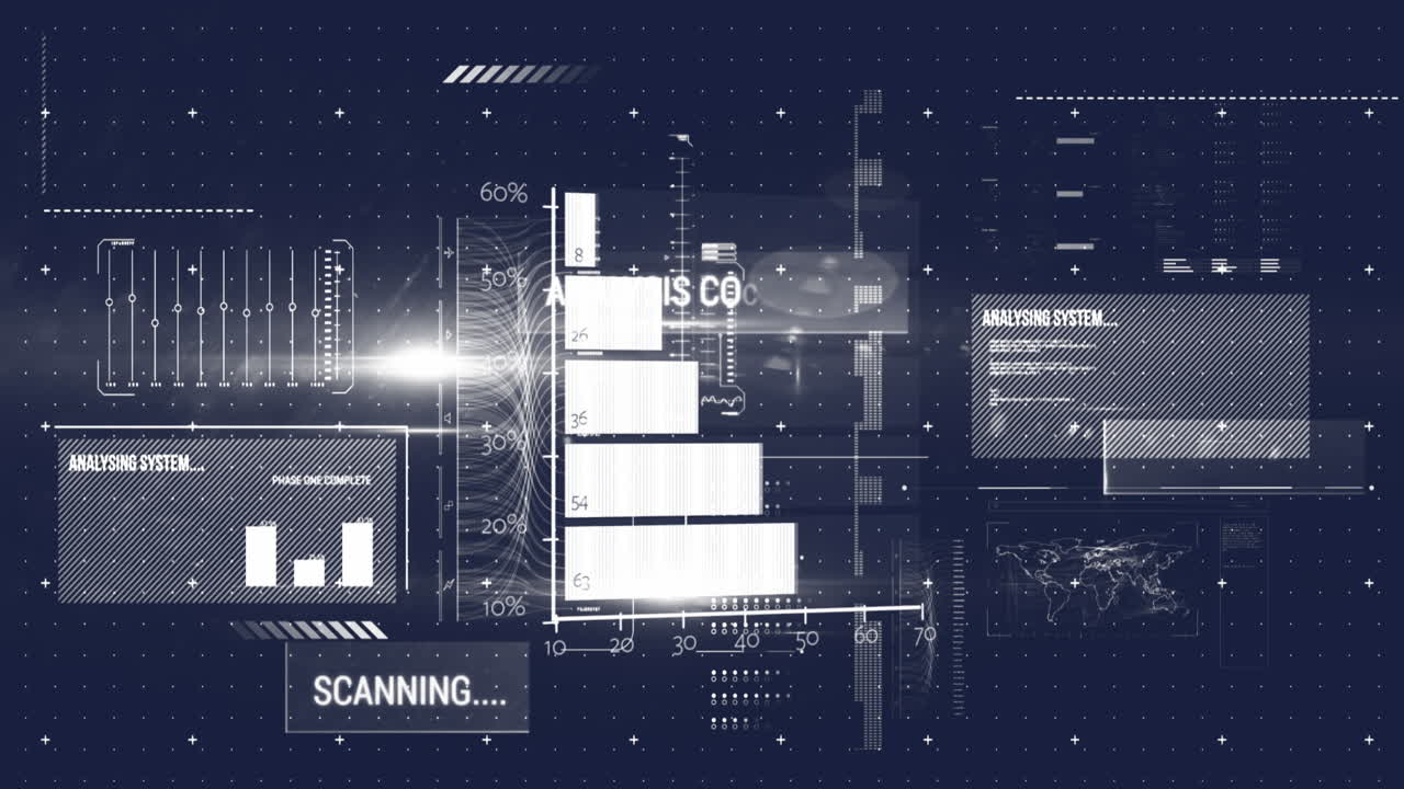 Animation of financial data processing over blue background