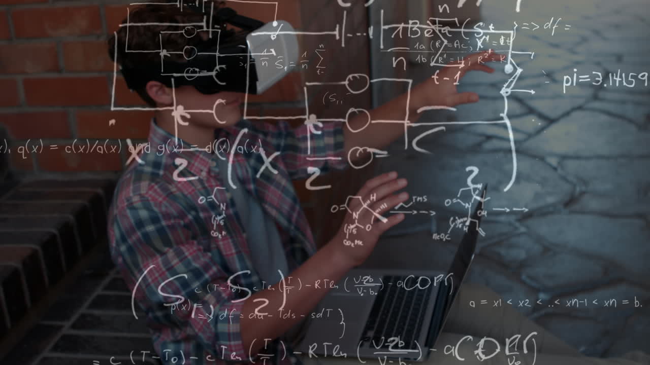 Animation of mathematical equations over biracial schoolboy using vr headset
