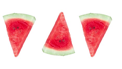 three big red ripe watermelon slices animated on a white background close-up. realistic 3d food. advertising concept with copy space