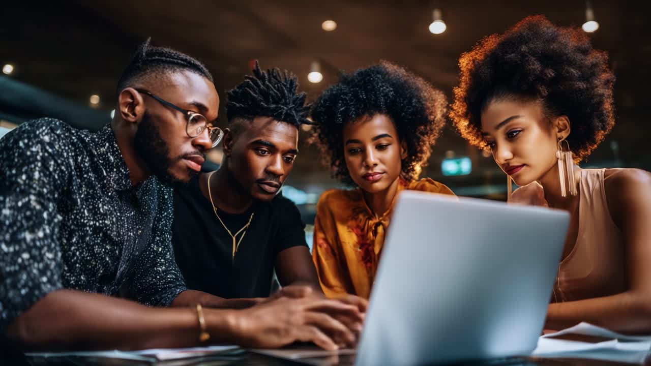 A Diverse Group Collaborating on a Laptop in a Modern Workspace, Engaging in Thoughtful Discussion and Creative Problem-Solving, Reflecting Teamwork and Innovation