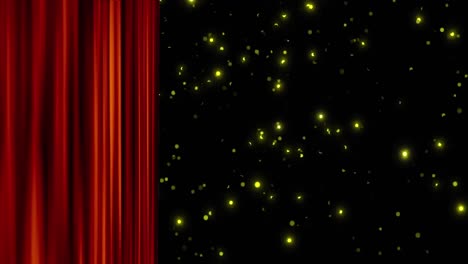 animation of red theatre curtain over glowing spots falling on black background