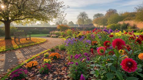 a serene morning in a vibrant flower garden: a gentle pathway surrounded by colorful blooms and autumn foliage beneath a radiant sunlight