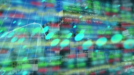 animación de gráficos y datos financieros en una pantalla digital.