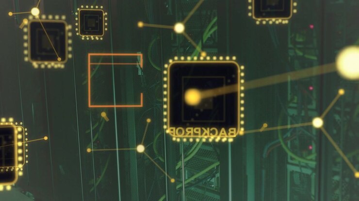 Lys gul kugle kommer ind langs en linje, stor 3D-chip pulserer og inverterer ID, viser dataflow