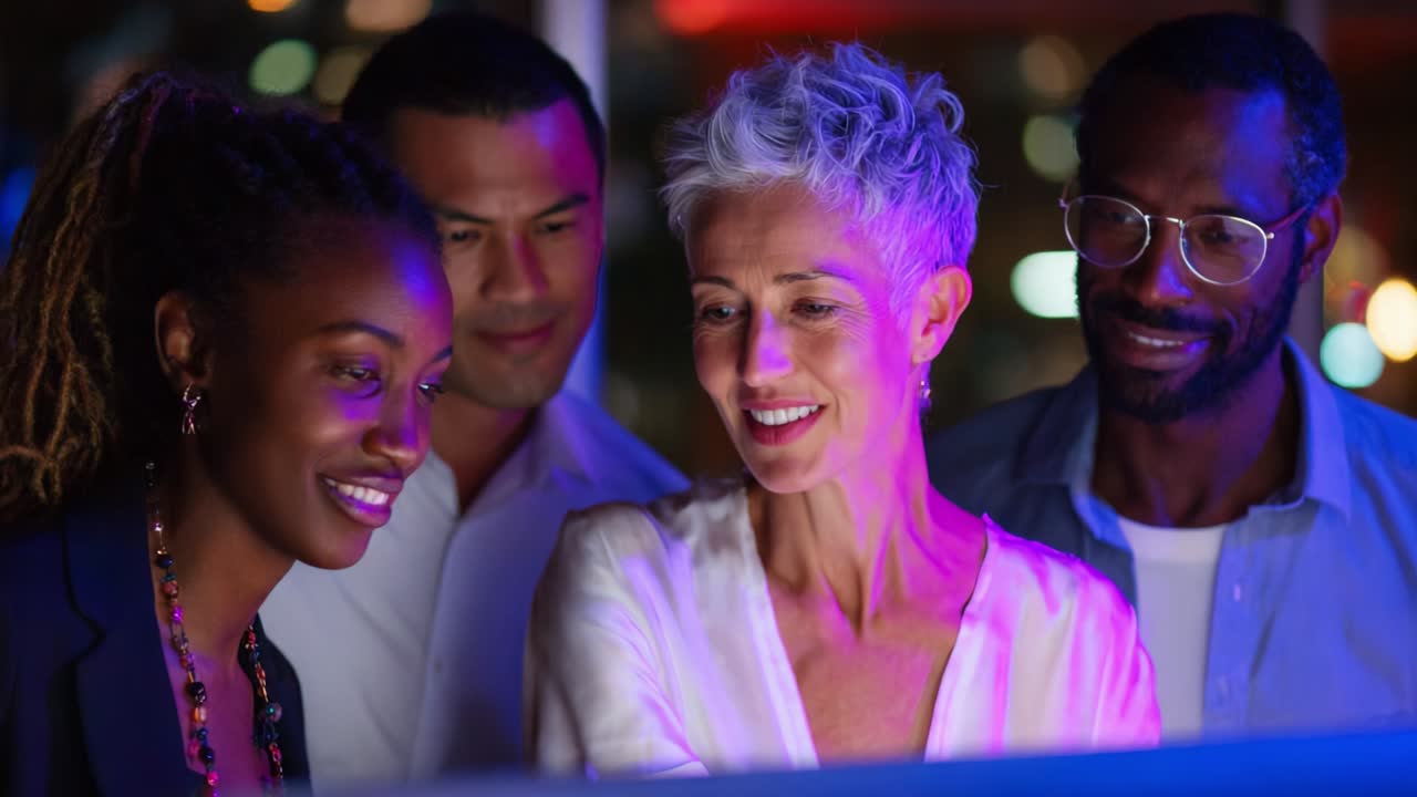 Un gruppo eterogeneo di persone coinvolte intensamente in un'esperienza condivisa, che riflette gioia e collaborazione sotto un'illuminazione vivace, mostrando la bellezza della connessione e degli interessi condivisi in un ambiente moderno.