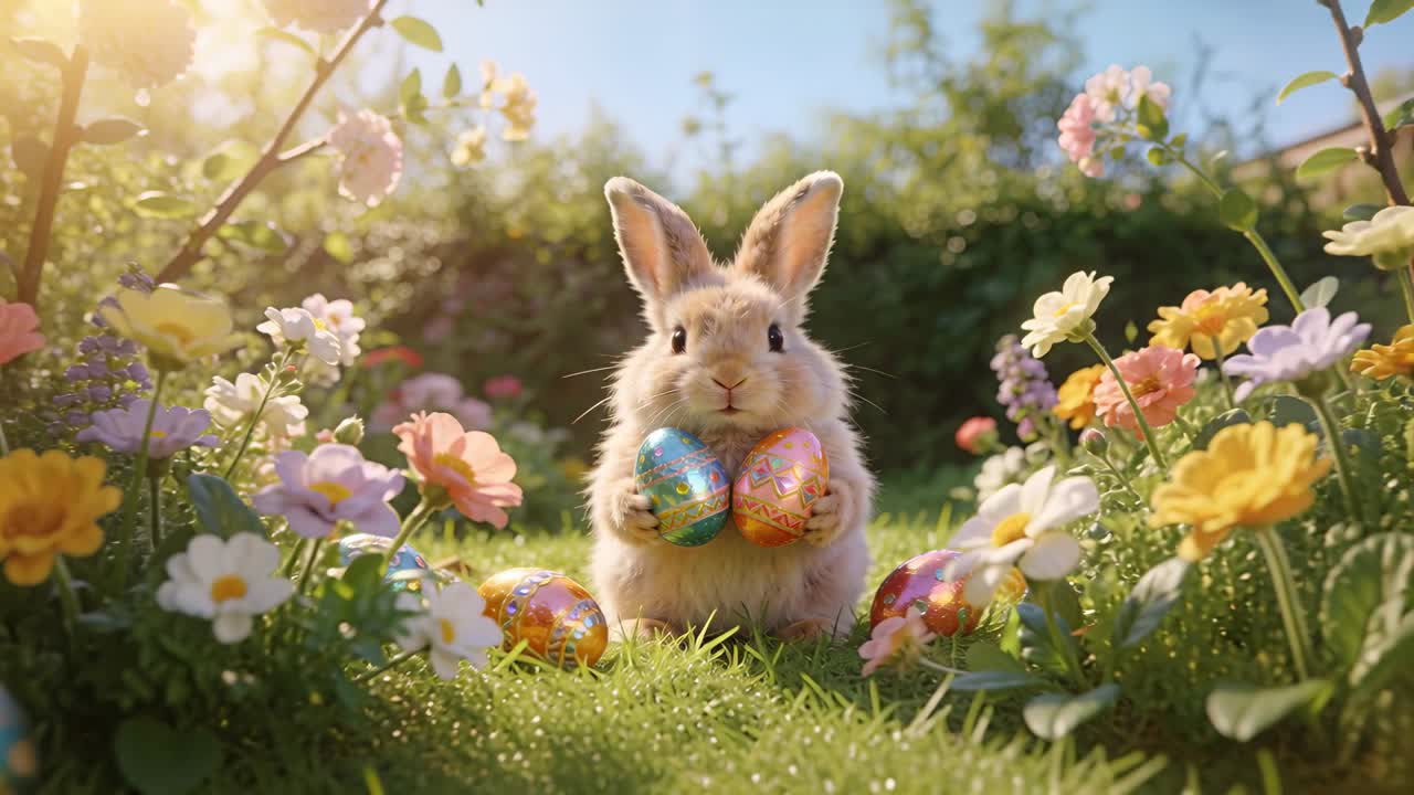 Camera pulling back revealing rabbit holding two decorated eggs in yard, blooms swaying in sunlight