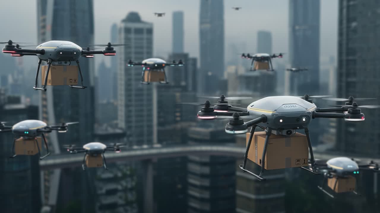 Advanced Drone Fleet in Urban Skies Delivering Packages Amidst Cityscape Rich with Skyscrapers and Modern Architecture Under a Cloudy Atmosphere