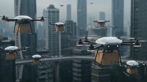 advanced drone fleet in urban skies delivering packages amidst cityscape rich with skyscrapers and modern architecture under a cloudy atmosphere