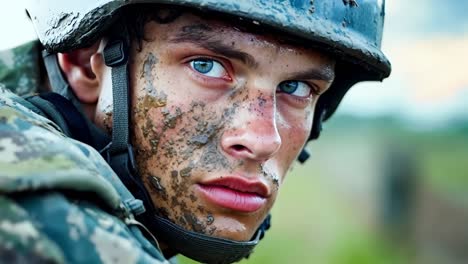 a young man in a military uniform with mud on his face