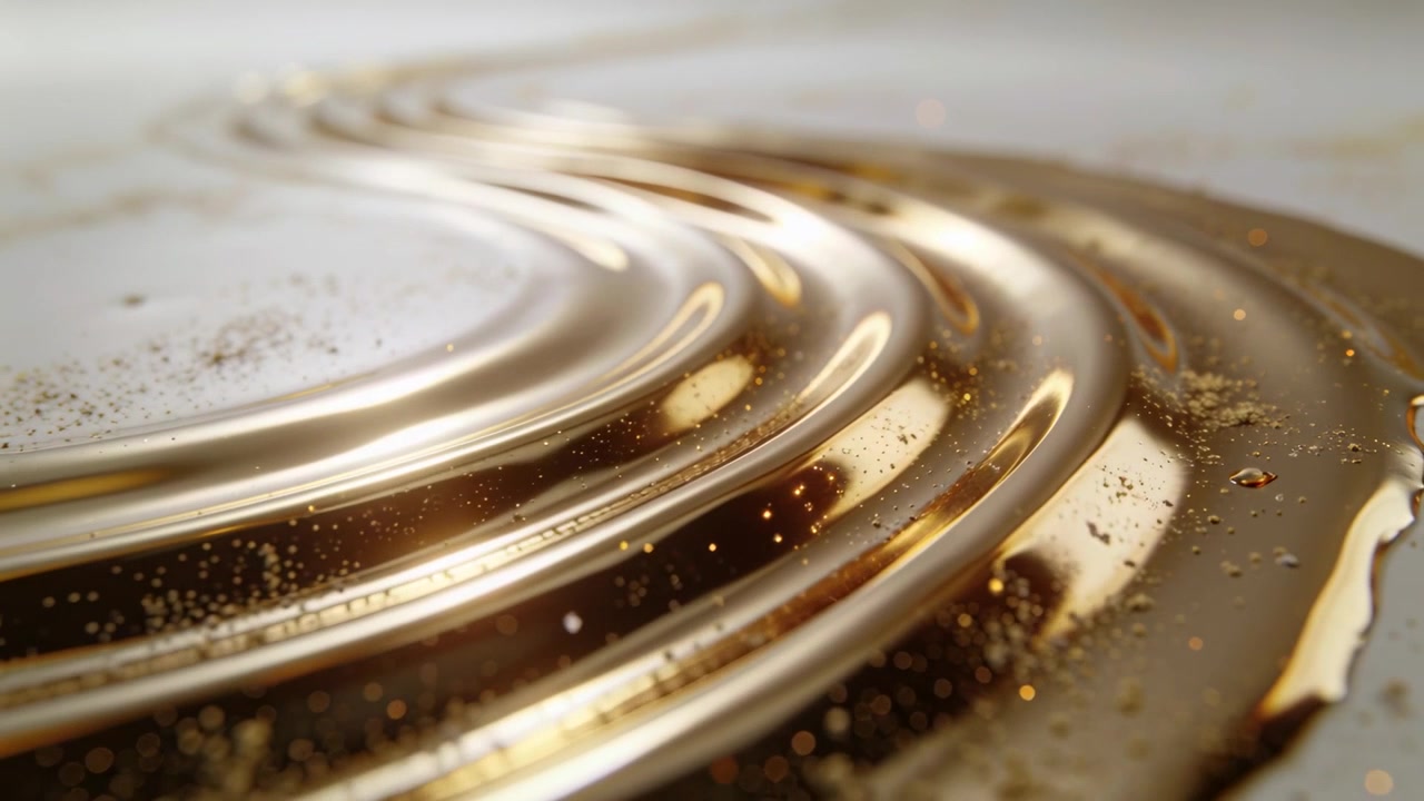 Luce mutevole che fa sì che un liquido dorato lucido formi creste ad anello su una superficie di marmo, con i glitter che si depositano