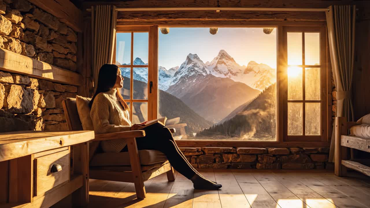 Woman Reading in a Cozy Cabin with Mountain View