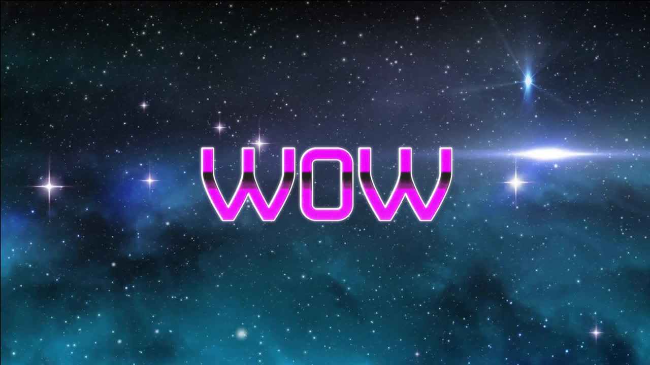 반이는 반점 배경 위에 반이는 와우 텍스트의 애니메이션