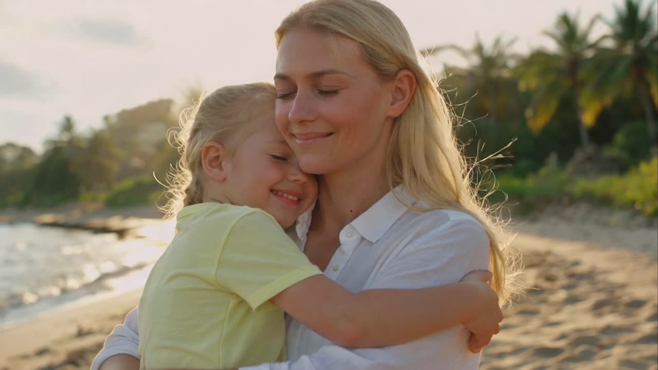 Liebende blonde Mutter und Tochter umarmen sich am tropischen Strand bei Sonnenuntergang