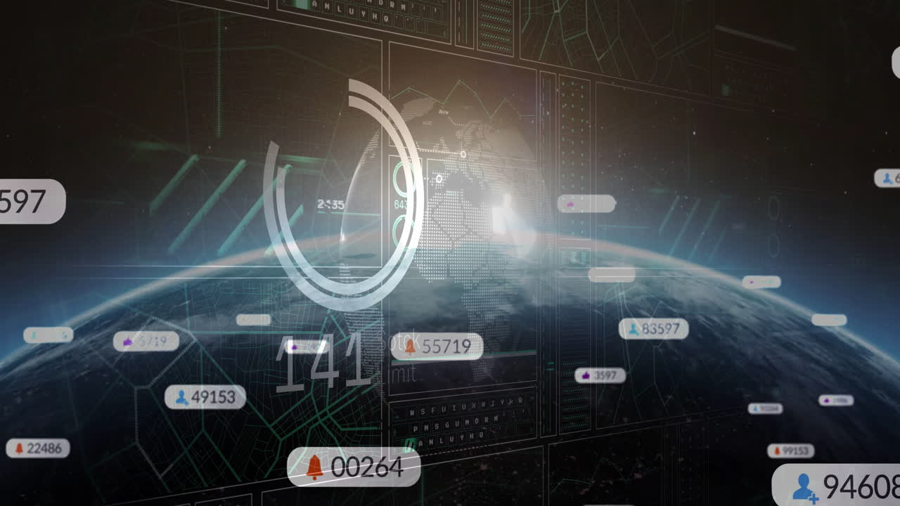 Animation of digital data and analytics overlaying Earth with futuristic elements