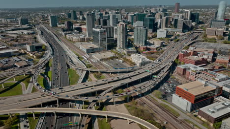 drone flying over highway intersection, dallas, texas, us