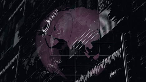 animation of map, graphs, lines, globe, loading circles and bars over grid pattern globe