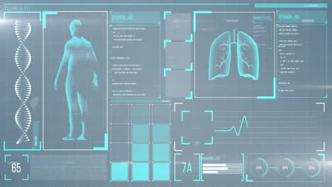 animation of the human body analyzed on a screen, lungs and heart beat analyzed, medical information