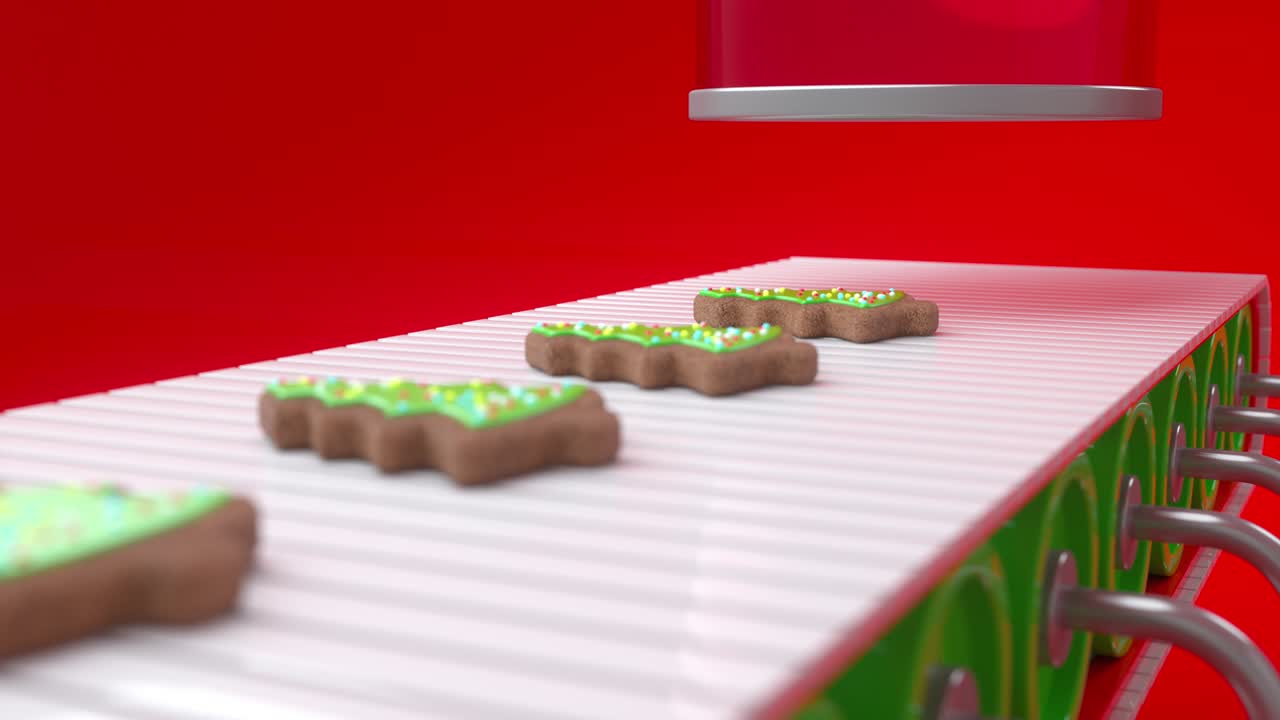 Christmas cookies in the form of Christmas trees moving along a conveyor. Santa's Christmas toy factory at the North Pole. Conveyor belts with Christmas presents. Seamless looping 3d animation 4K