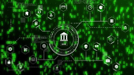 digital banking icons and data processing animation overlaying green binary code