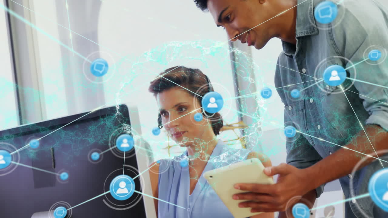 animación de una red de conexiones con iconos sobre un hombre de negocios con auriculares vr